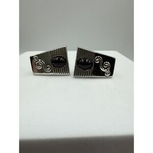 VTG Foster Silver Tone Black Cabochon Scroll Trapezoid Cufflinks Mens Jewelry